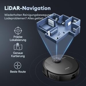 Ultenic D10 Staubsaugerroboter mit Mop-Funktion und LiDAR-Navigation auf einem modernen Holzfußboden, der sauber wischt und saugt.