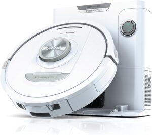 Shark PowerDetect Robot Vacuum Cleaner auf einem modernen, sauberen Boden, der sich automatisch entleert und Hindernisse umgeht.