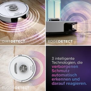 Shark PowerDetect Robot Vacuum Cleaner auf einem modernen, sauberen Boden, der sich automatisch entleert und Hindernisse umgeht.