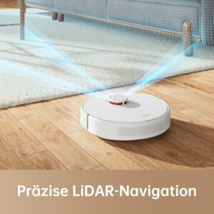 dreame F9 Pro Vacuum Cleaner Robot in Aktion auf einem sauberen Boden mit glänzender Oberfläche  